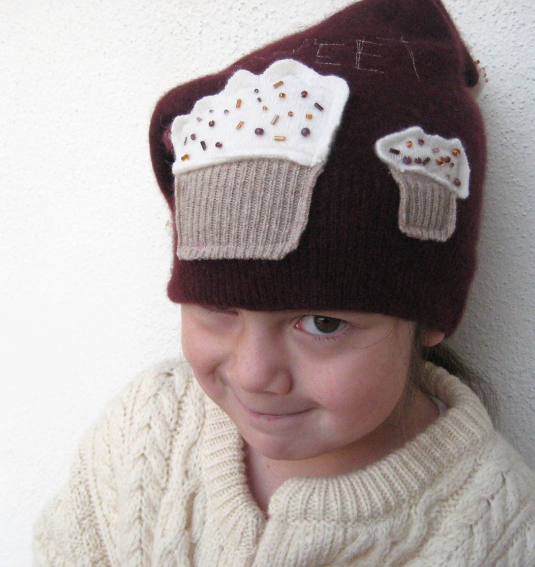 CASHMERE HAT Upcycled OOAK Burgundy Sweet Cupcakes fits age 4-100 years 