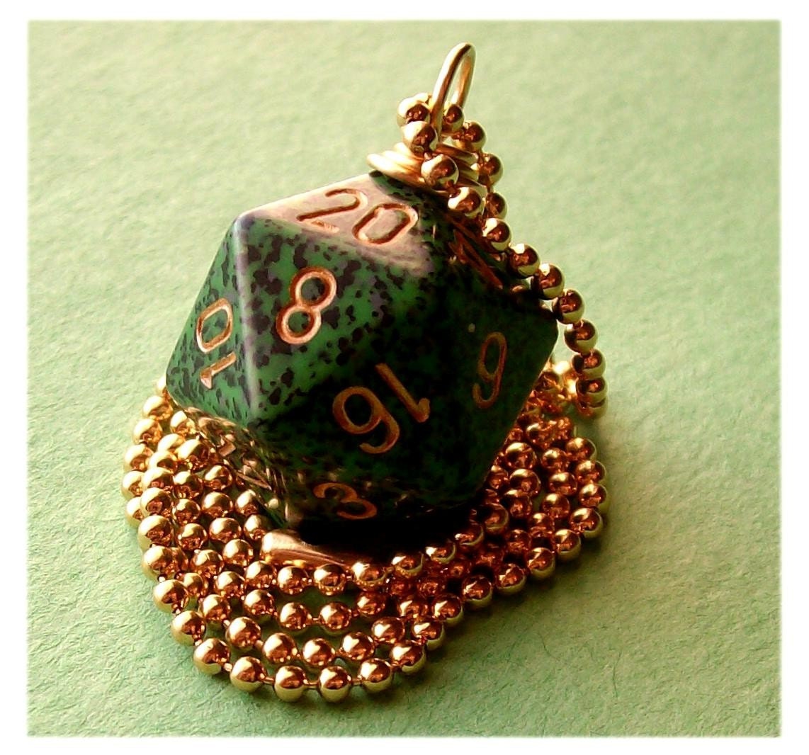geekery, dice, die, geek, game, dnd, jewelry, necklace, pendant, accessory, dungeons dragons, pawandclawdesigns, sci fi, green