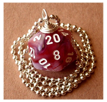 geekery, dice, die, geek, game, dnd, jewelry, necklace, pendant, accessory, dungeons dragons, pawandclawdesigns, red, pink