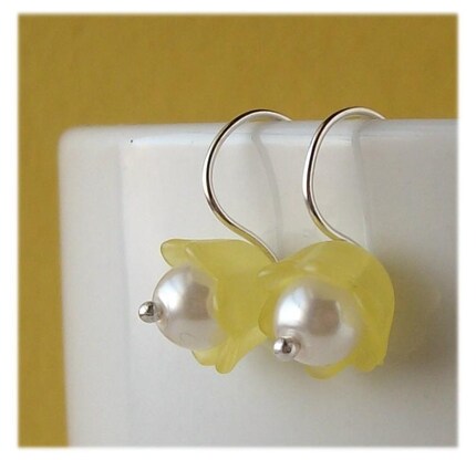 jewelry, earrings, beaded, glass, metalwork, pearl, plastic, bead, white, yellow, flower, pawandclawdesigns, lucite, sterling silver