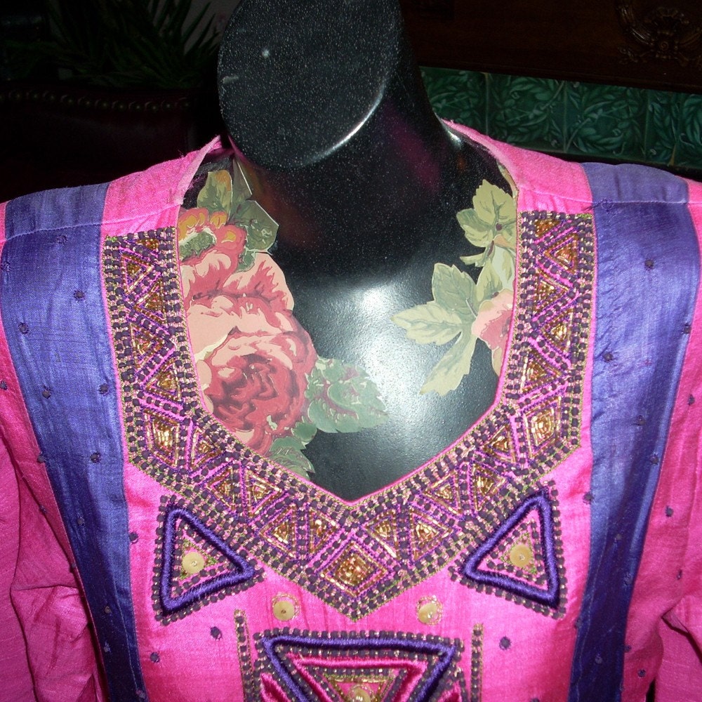 Etsy GypsyTradingCompany Silk Embroidered Pink Aline Hippie Dress 