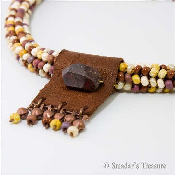 Beadwoven Necklace with Leather and Tourmaline Pendant 