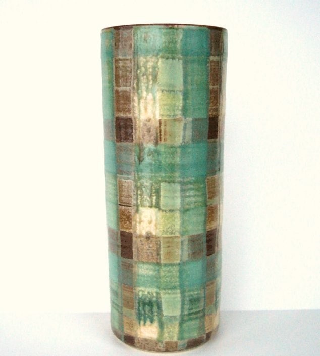 Etsy JDWolfePottery Tall Plaid Cylinder Vase 13 1 4 inches tall