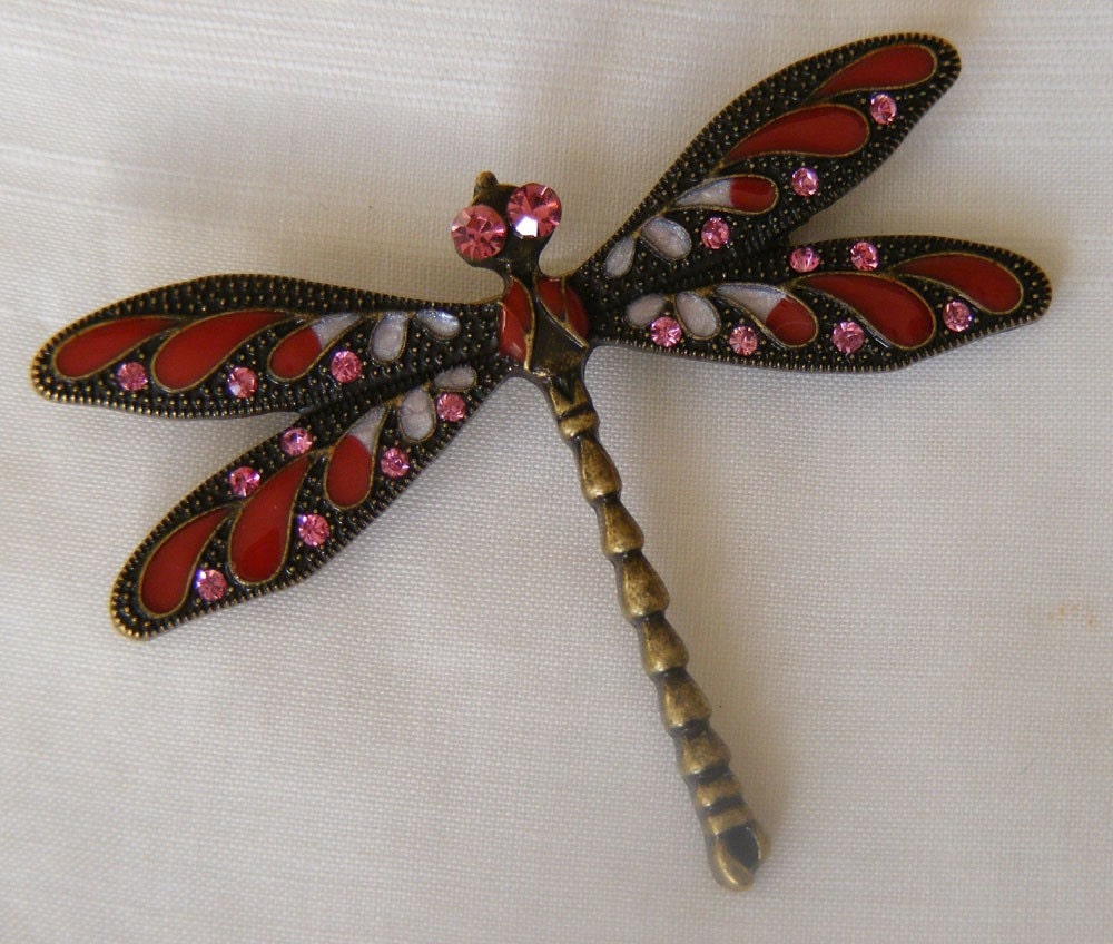 Vintage Dragon fly enamel and rhinestone brooch