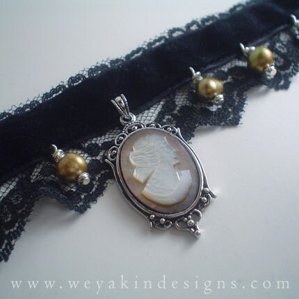 Shell Cameo Black Velvet and Lace Choker by Weyakin Designs