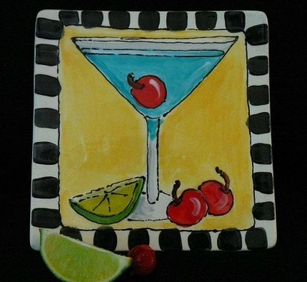 HAND PAINTED MARTINI CAKE PLATE FOR A GIRLS NIGHT OUT 6.5 inch square 