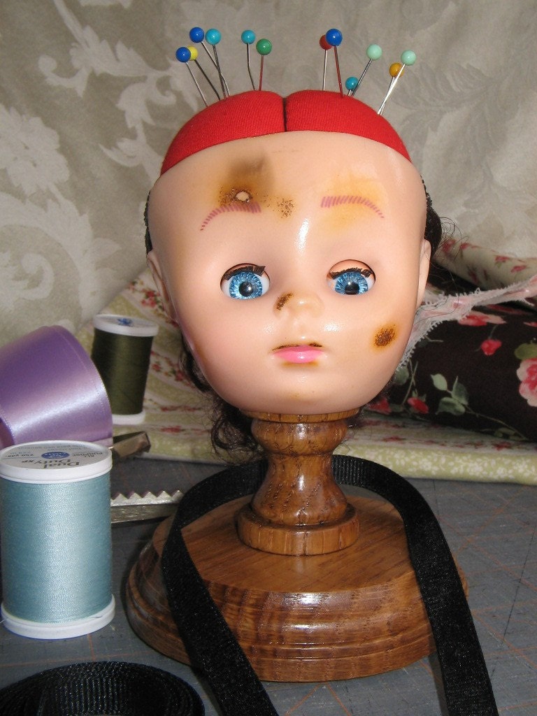 Demented Pedestal Doll Head Pin Cushion 
