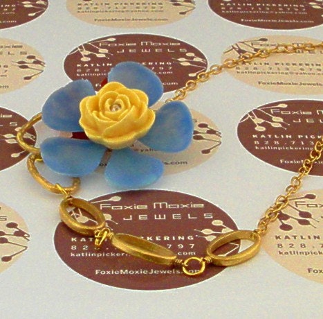 Blue and Buttercream Yellow Flower Set on a Collar Bone Women