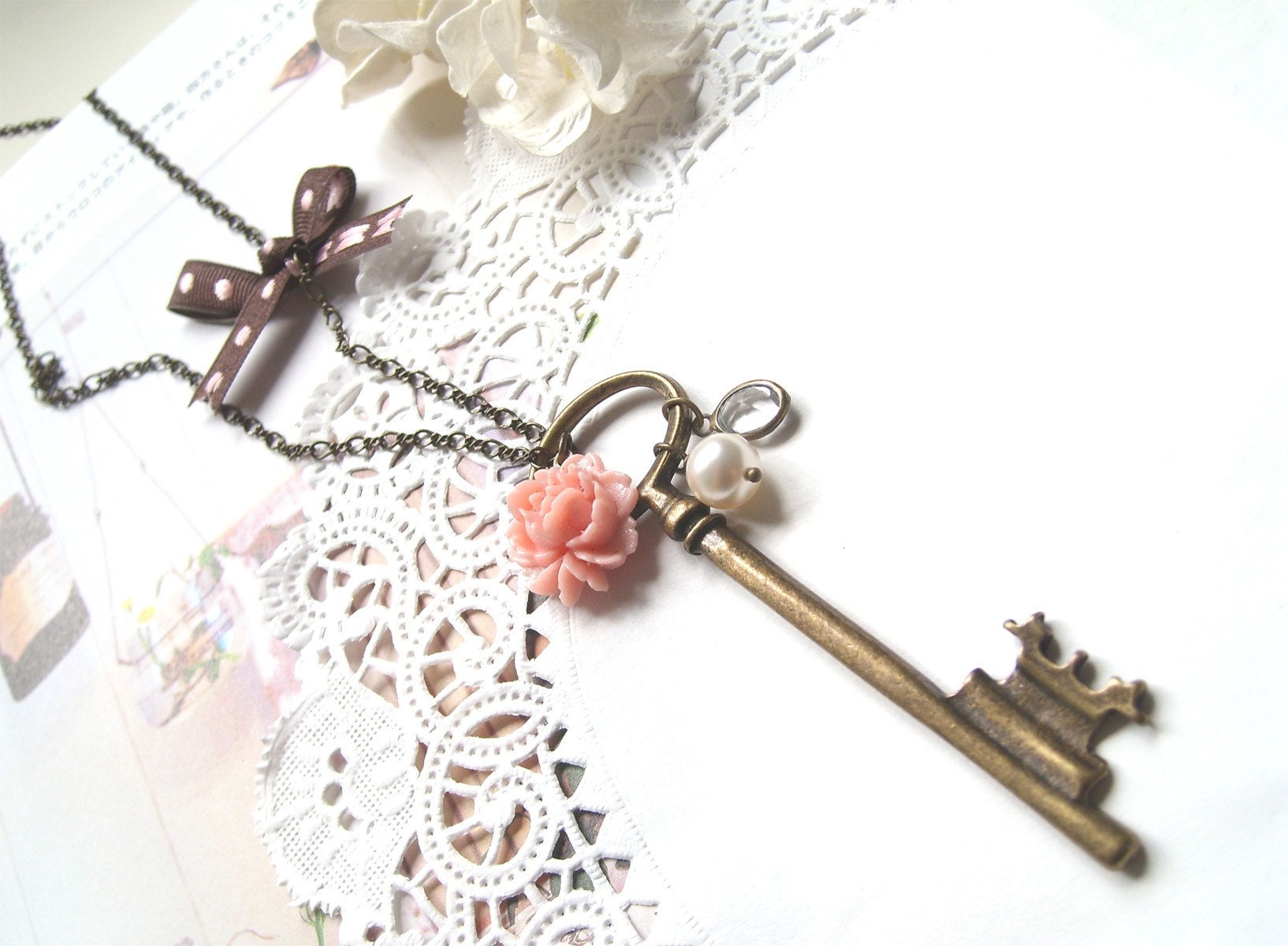 Secret Garden Key. Dainty pink rose bud, crystal, pearl, ribbon - Only Unique Piece by Japonicas