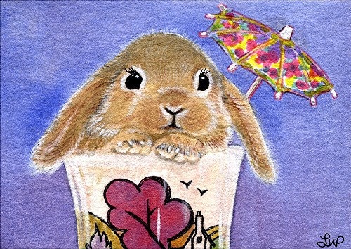 Peter Rabbit on Holiday, Print of an Original Watercolour Painting Aceo Size Miniature 2 1/2 by 3 1/2 inches