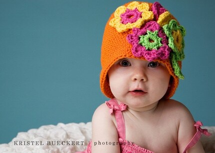 THE MARLIE Crocheted Cloche Size 6-12 Months Hot Orange Yellow Hot Pink Lime
