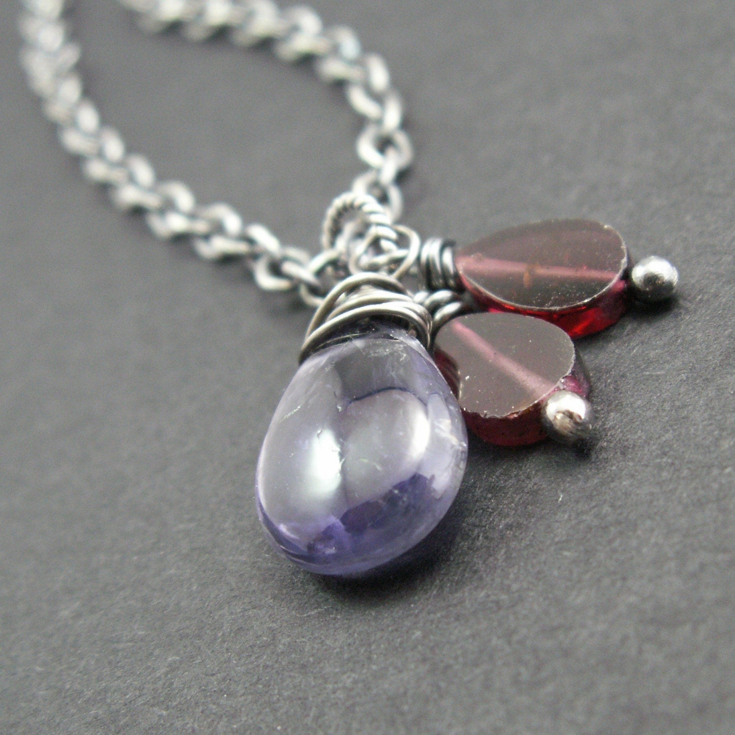 handcrafted jewelry necklace iolite garnets sterling silver oxidized