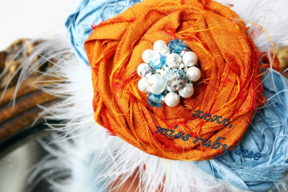THE BELLA HAIRPIECE- Bright Tangerine and Breezy Blue for special occasions, avante garde, weddings, proms, parties and more, women and little girls
