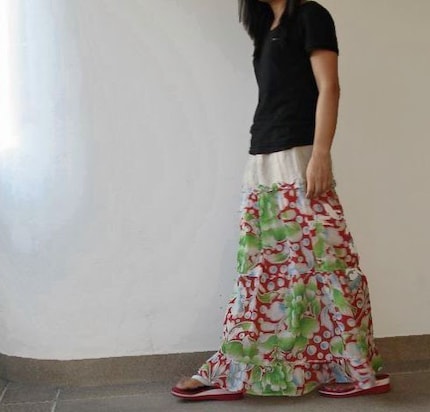 LAST ONE, Indian cotton voil skirt (green and red), ready to ship