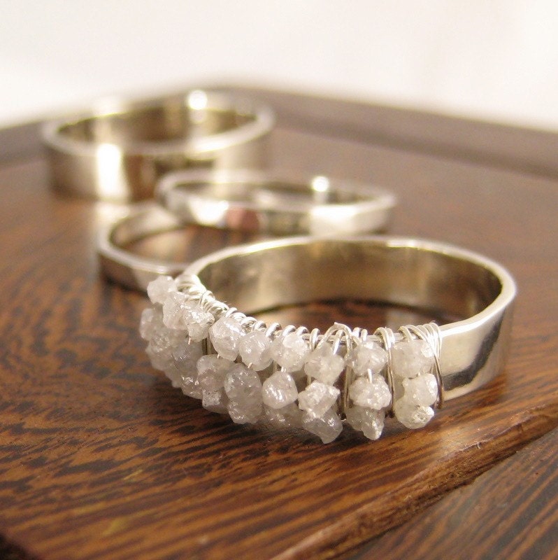  Etsy White Wedding Set 14K White Gold and Rough Diamond Complete Ring 