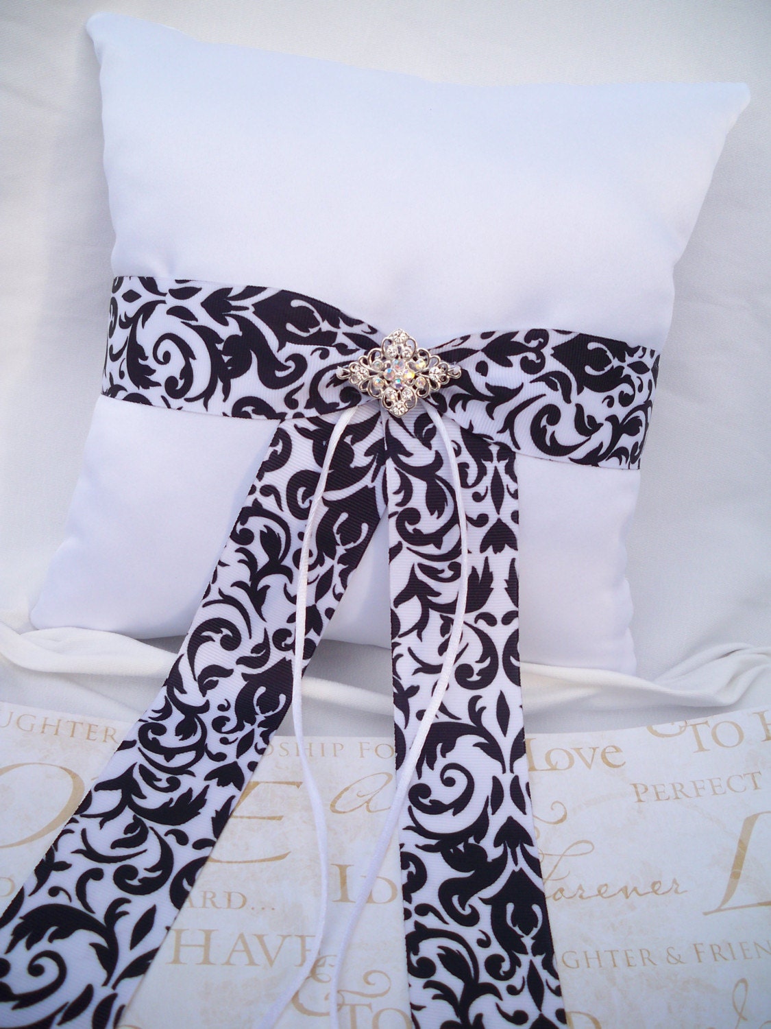 Damask black and white satin wedding ring pillow 