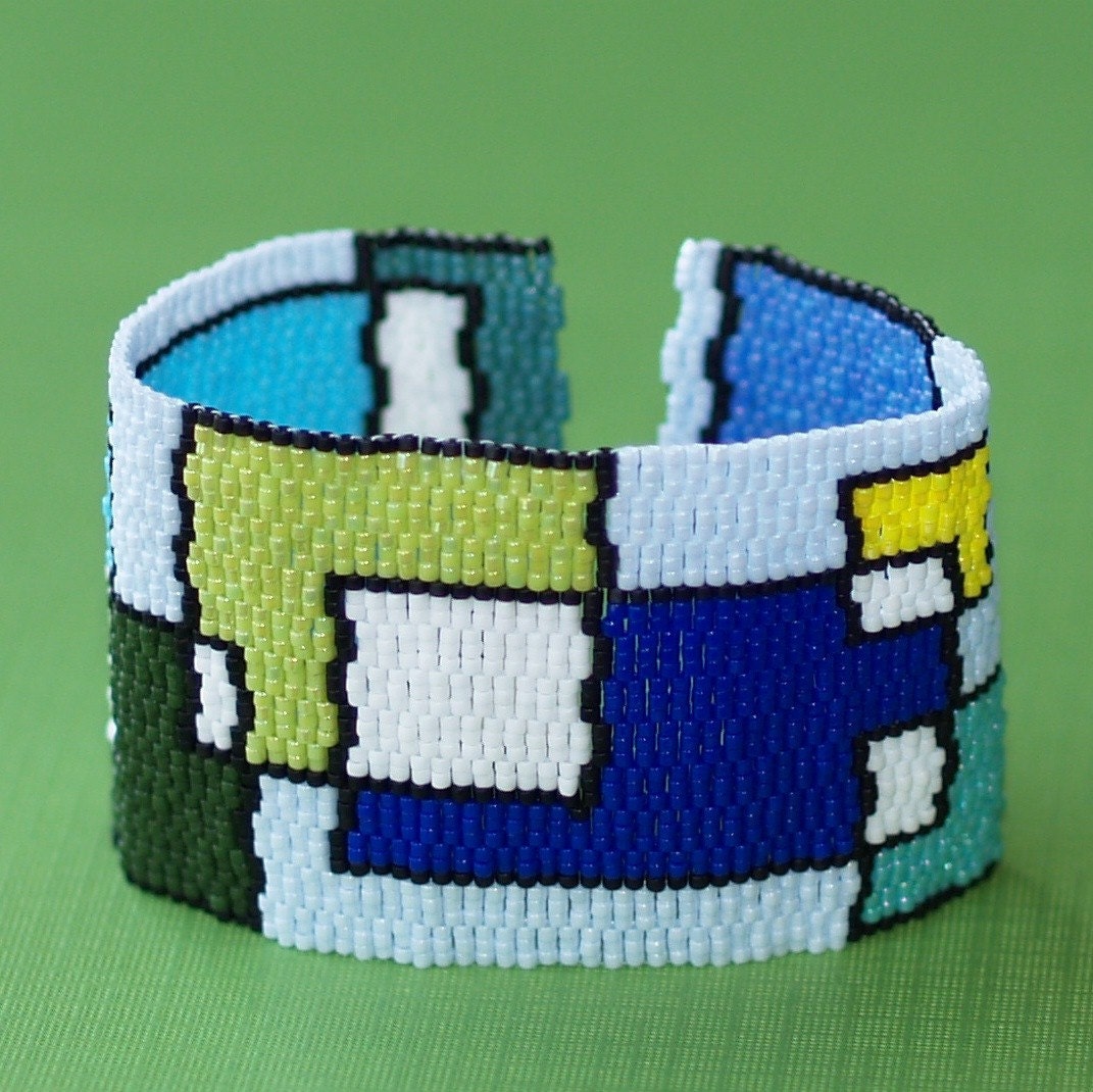 Playing with Blocks - Wide Beadwoven Cuff in Blues and Greens (3051)