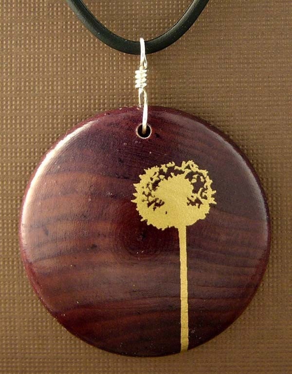 Dandelion Quality stained Maple Wood 1.5 inch Pendant with FREE rubber cord 16 or 18 inch you choose