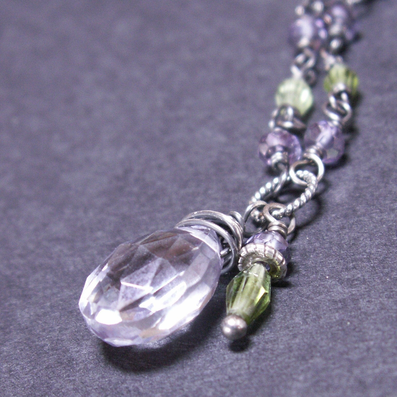 handcrafted jewelry necklace sterling silver oxidized gray blue quartz green tourmaline