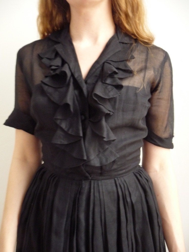 50s Sheer Black Day Dress with Ruffled collar