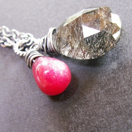 hancrafted jewelry sterling silver rutilated quartz ruby red black chain oxidized
