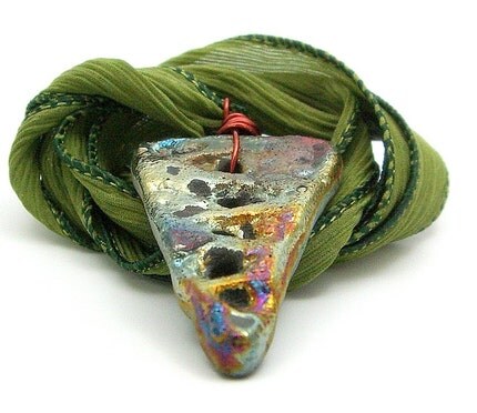 SALE Triangle Raku Pendant or Focal Bead or Button...Raku Jewelry by MAKUstudio
