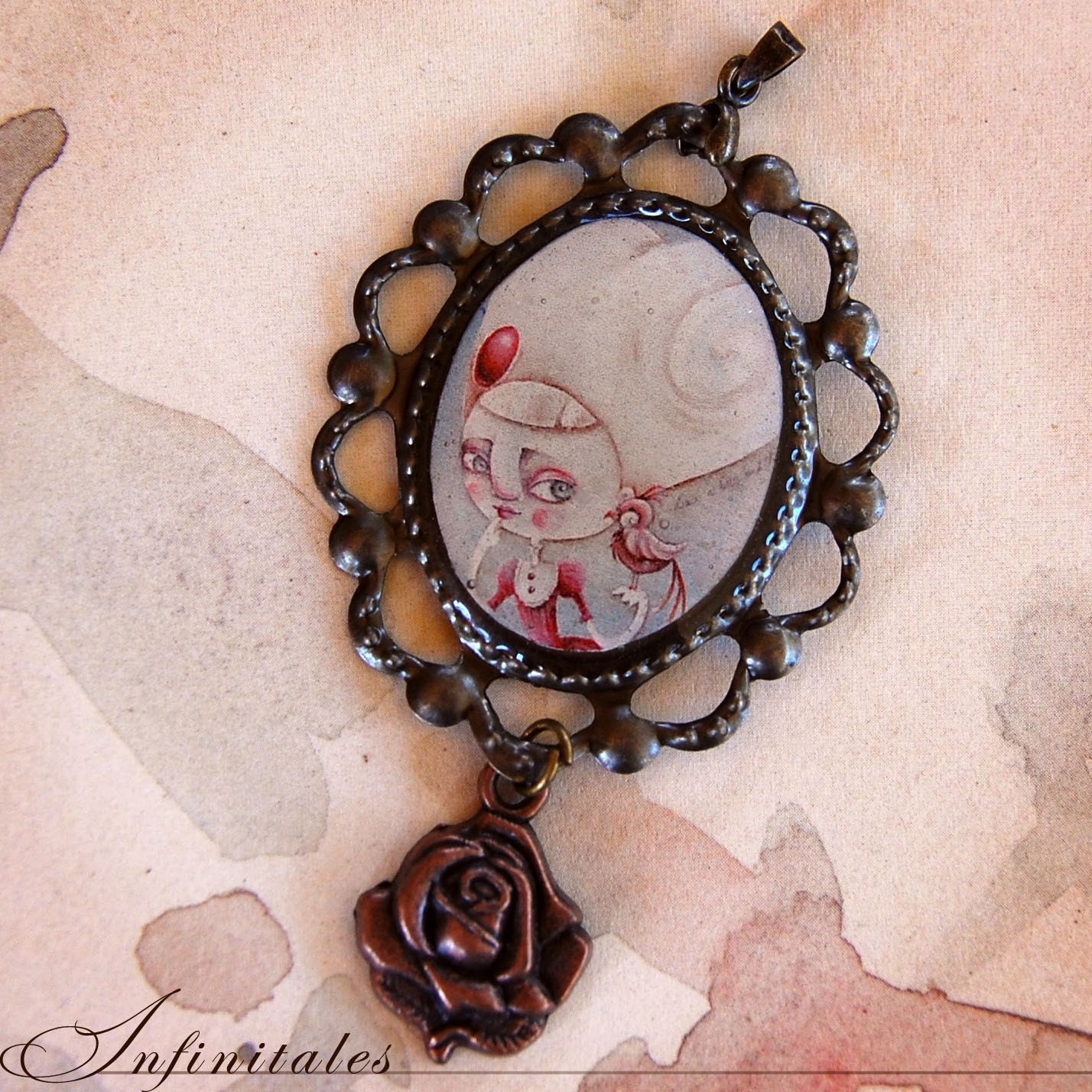 Cameo pendant  with charm - Once a little bird told me