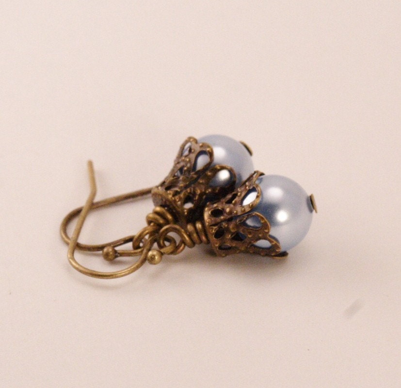 Dainty Blue Moon Pearl and Antique Brass Earrings