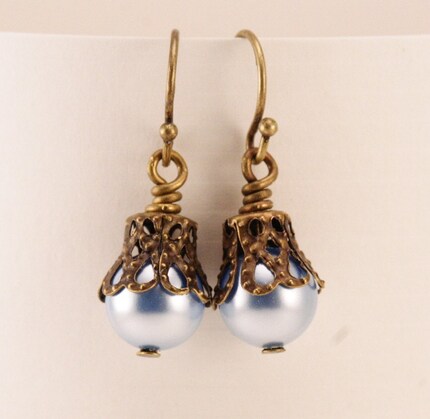 Dainty Blue Moon Pearl and Antique Brass Earrings