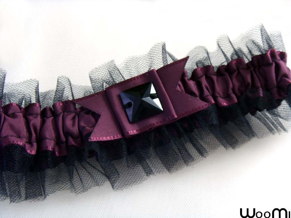 Plum and black combination garter Plum ribbon with black tulle and black 