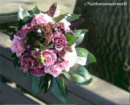Raspberry Mocha pink and brown Bridal Bouquet with matching Boutonniere