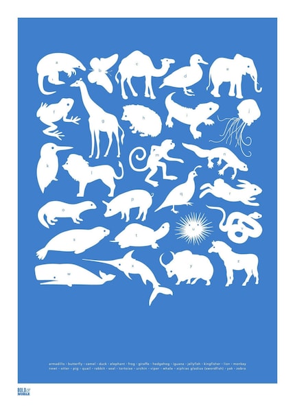 Animal A-Z Alphabet, hand pulled screen print onto 100 percent recycled card, cobalt blue (also in metallic silver and ruby red)