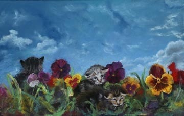 Kittens and Pansies Giclee