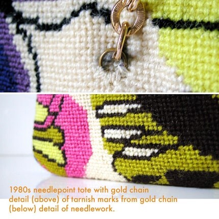 1970s Needlepoint Chic Op Art tote 1970s/80s gold braided chain/ RIch color butterfly design
