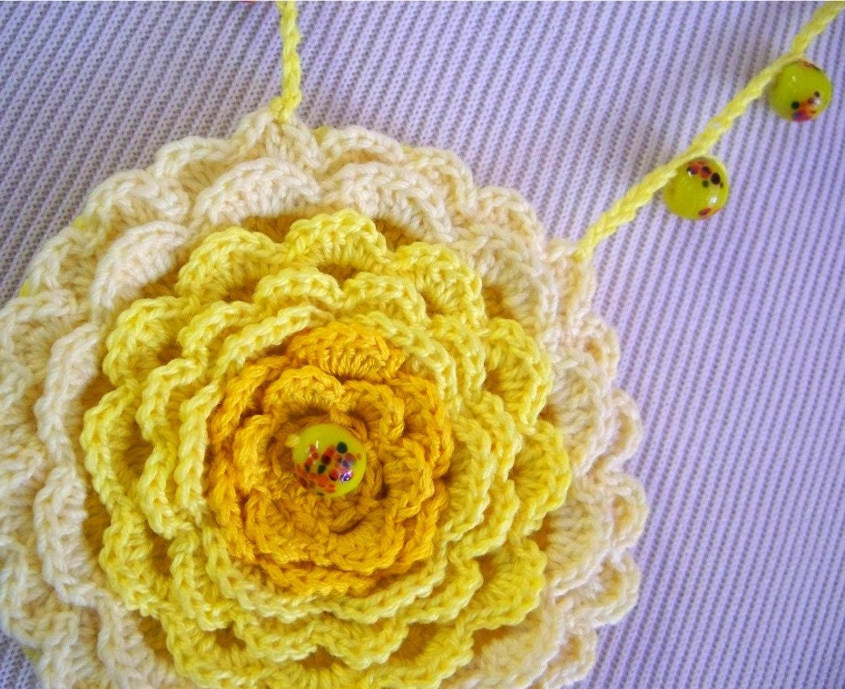Sunshiny Yellow Flower Necklace Crocheted in Cotton
