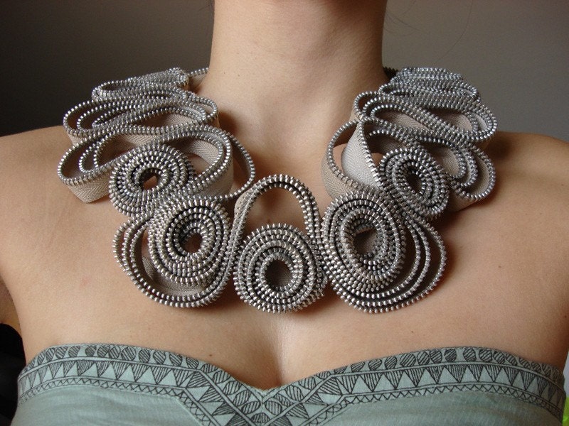 Zipper necklace, beige-silver, UNIQUE PIECE jewelry