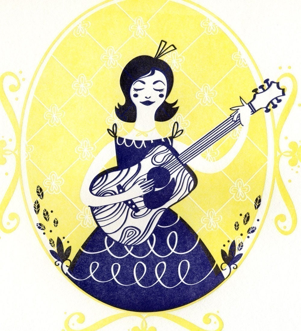 Girl and Guitar Letterpress Print 