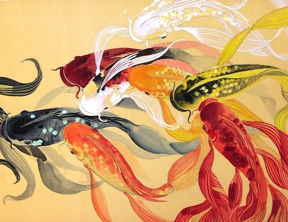 Nine Ribbon Dancing Butterfly Koi Fish of Chinese Brush Painting