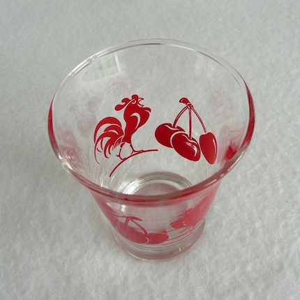 Vintage Shot Glass with Retro Red Roosters and Cherries