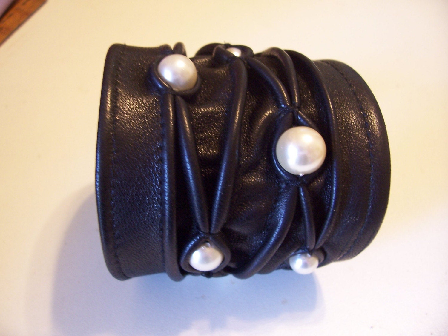Black Leather Stitched Cuff with Pearl Beads