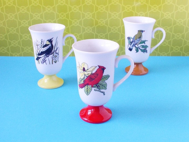 Set of 3 bird mugs - vintage