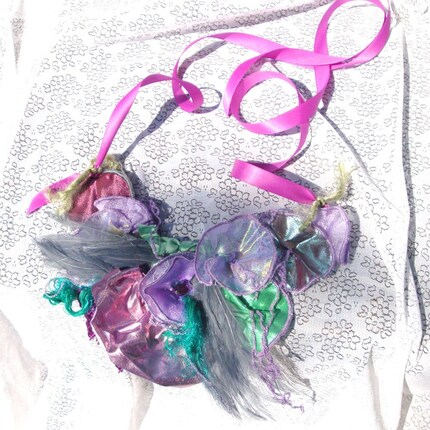 Faery Flowers...Sea Anemone Necklace..Fabric , Feathers, Ribbons and Flowers..Pink, Lavender, Sage, Blue Gray...SALE PRICE