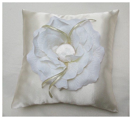 Wedding Ring Pillow for Ring bearer in ivory satin with white rose flower 