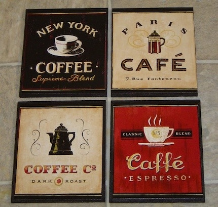 4 COFFEE CAFE WALL PLAQUES Pictures SIGNS. Kitchen or Restaurant Wall decor