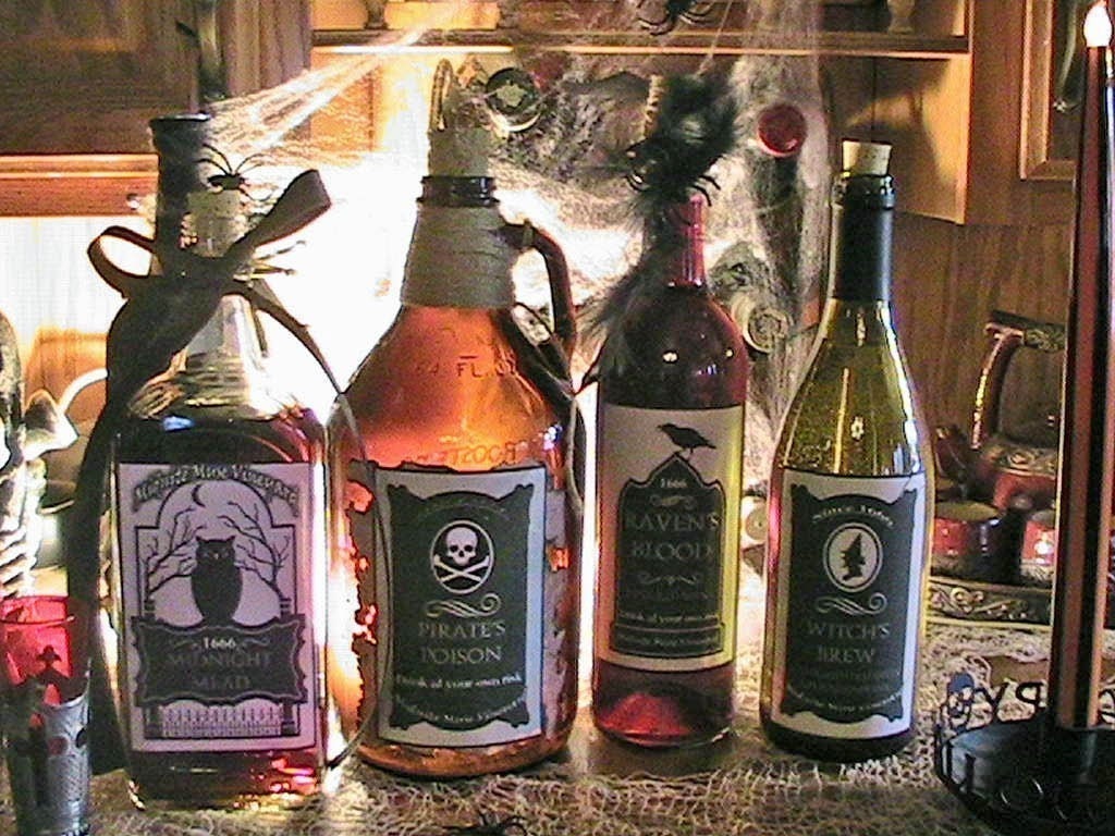 Set of 4 Spook'alicious Fun Halloween Bottle Labels Self adhesive Witchs Brew Pirate Poison Ravens Blood Midnight Mead YOU PICK color