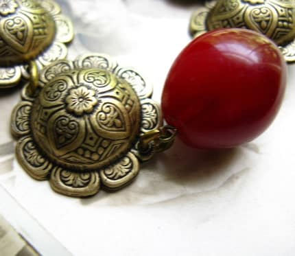 Vintage Ornate Moroccan and Ruby Red Trade Bead Bracelet