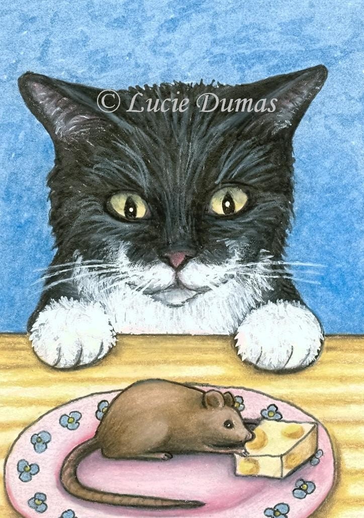 ACEO art print Cat 285  Tuxedo mouse fantasy by Lucie Dumas