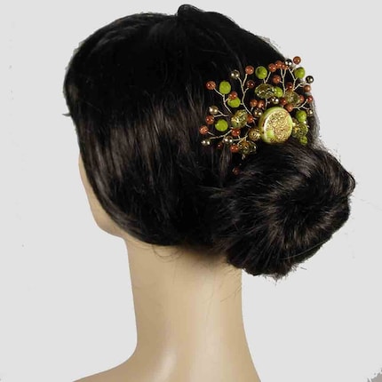LIME CRYSTAL Green and Brown Glitter Beaded Hair Comb with Gold Wire 