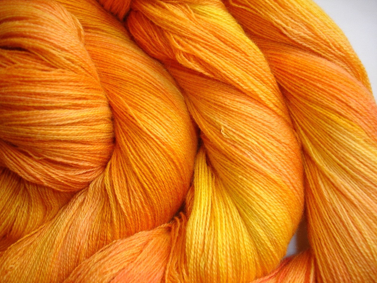 MYSTERY DYER Jump In Hand Dyed Merino Silk Cashmere Lace Weight Yarn  Orange Tangerine Sunshine Gold