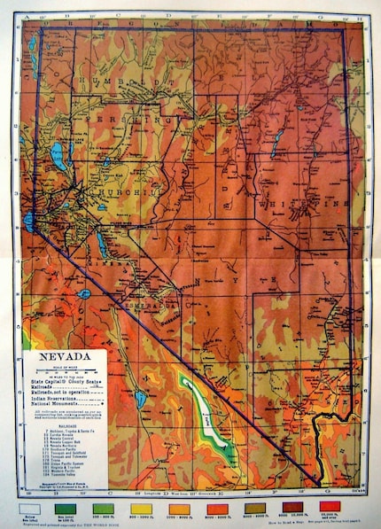 Vintage 1929 Color Map of Nevada